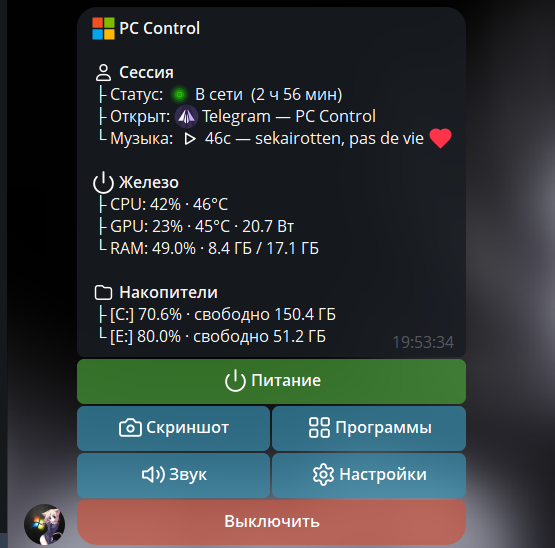 Главное меню бота PC Control (/menu) — статус сессии, датчики и кнопки действий